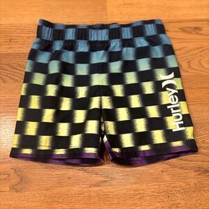 Hurley Kids Swim Trunks Boys Size 12M Blue Yellow Checkered Logo Elastic Waist